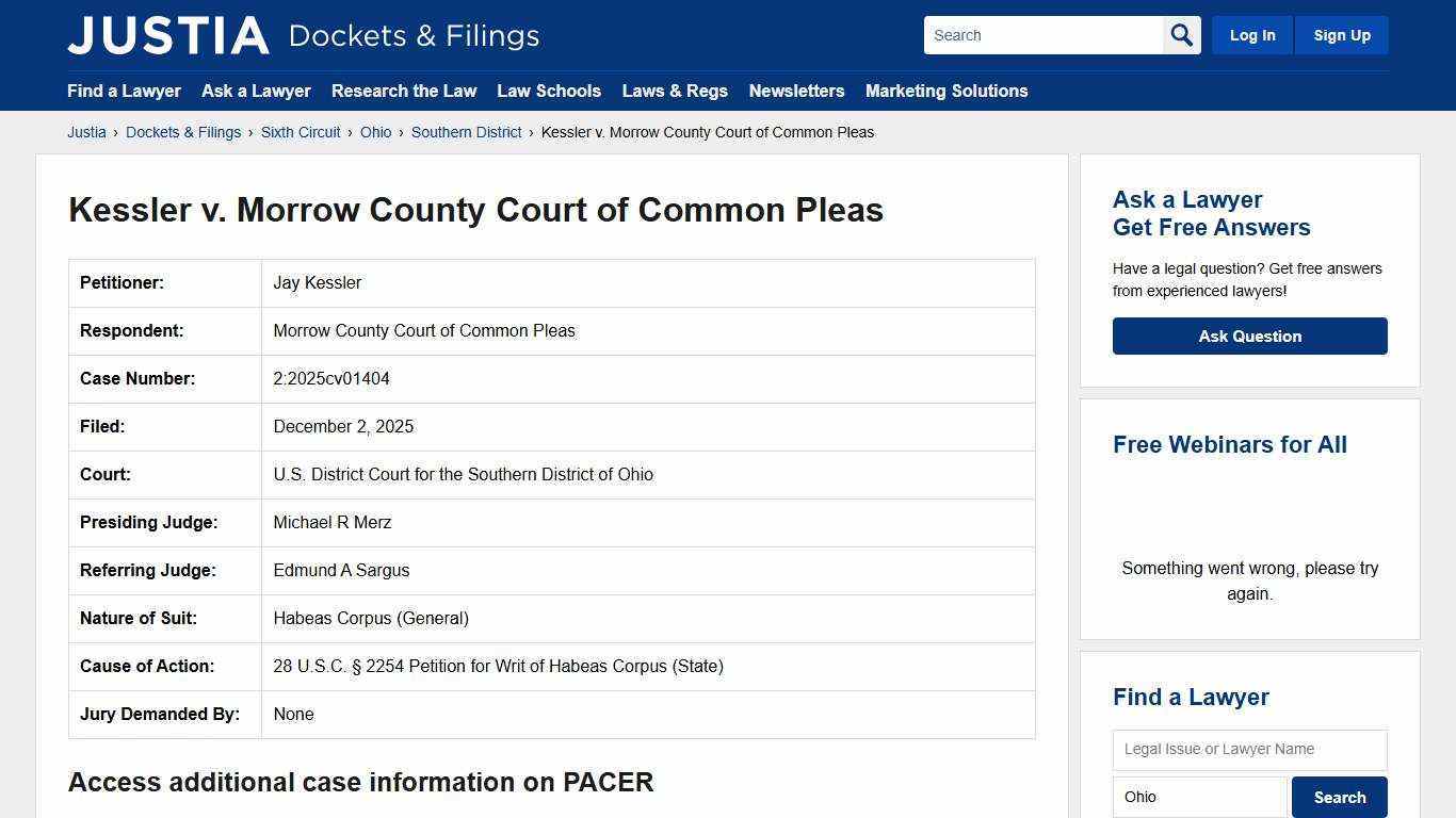 Kessler v. Morrow County Court of Common Pleas 2:2025cv01404 | U.S. District Court for the Southern District of Ohio | Justia